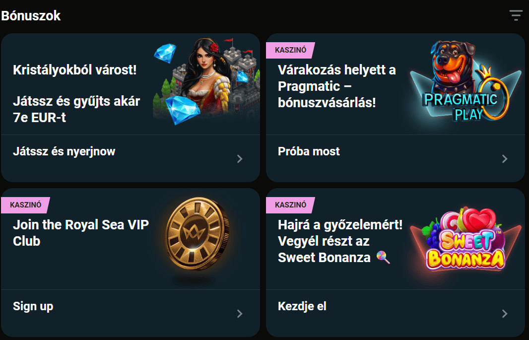 Royalsea Casino bónuszok áttekintés - Üdvözlő csomag, reload, cashback, VIP jutalmak részletesen