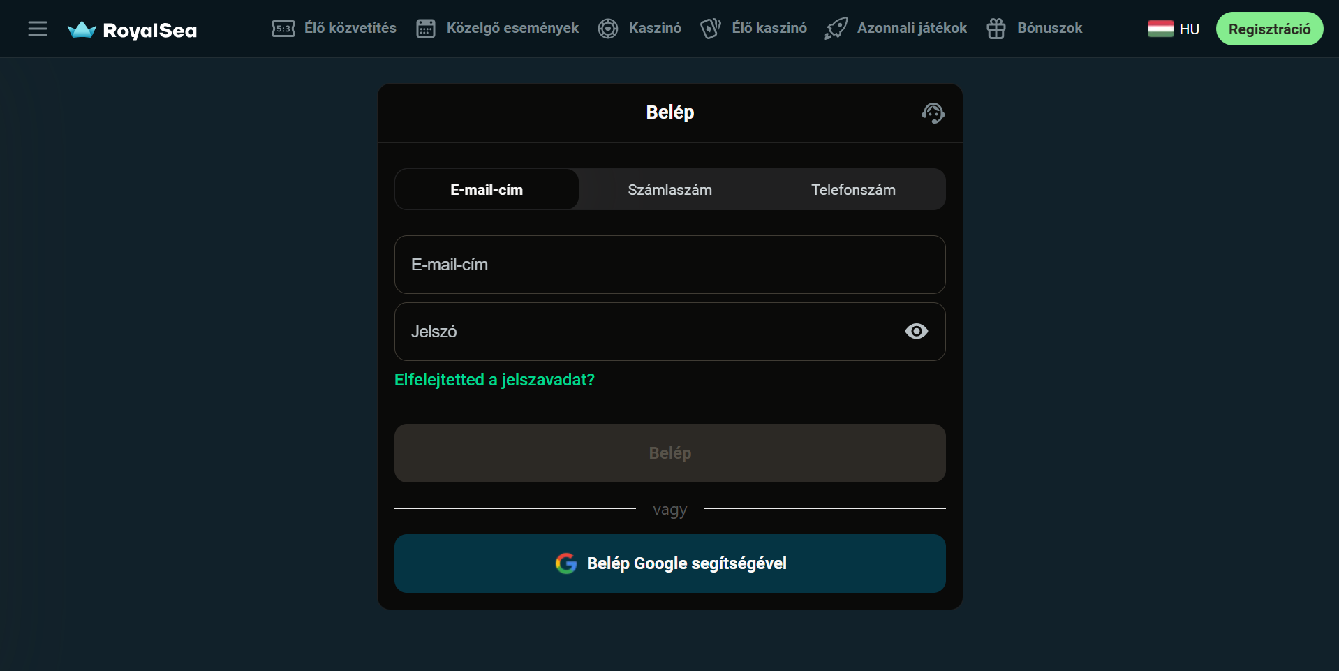 Royalsea Casino bejelentkezés - Gyors regisztráció email, Facebook vagy Google fiókkal 2 perc alatt